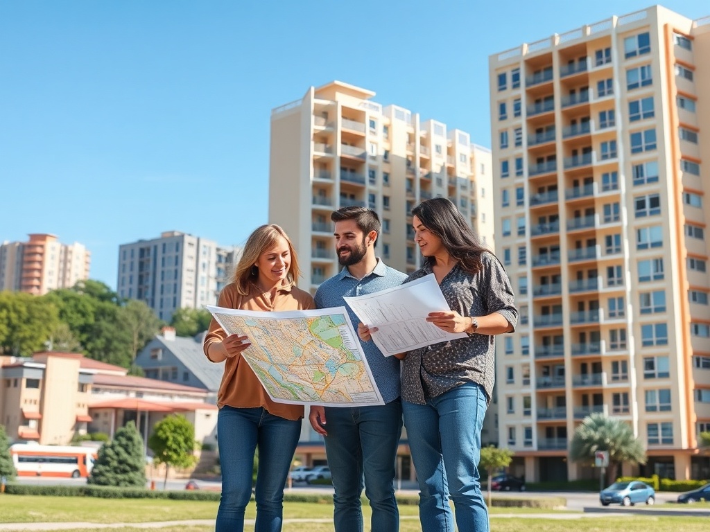 Трое людей на улице смотрят на карты, на фоне высотных зданий и ясного голубого неба.