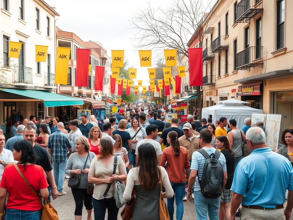 Улица, заполненная людьми, с флагами, магазинами и яркими вывесками на фоне ясного неба.