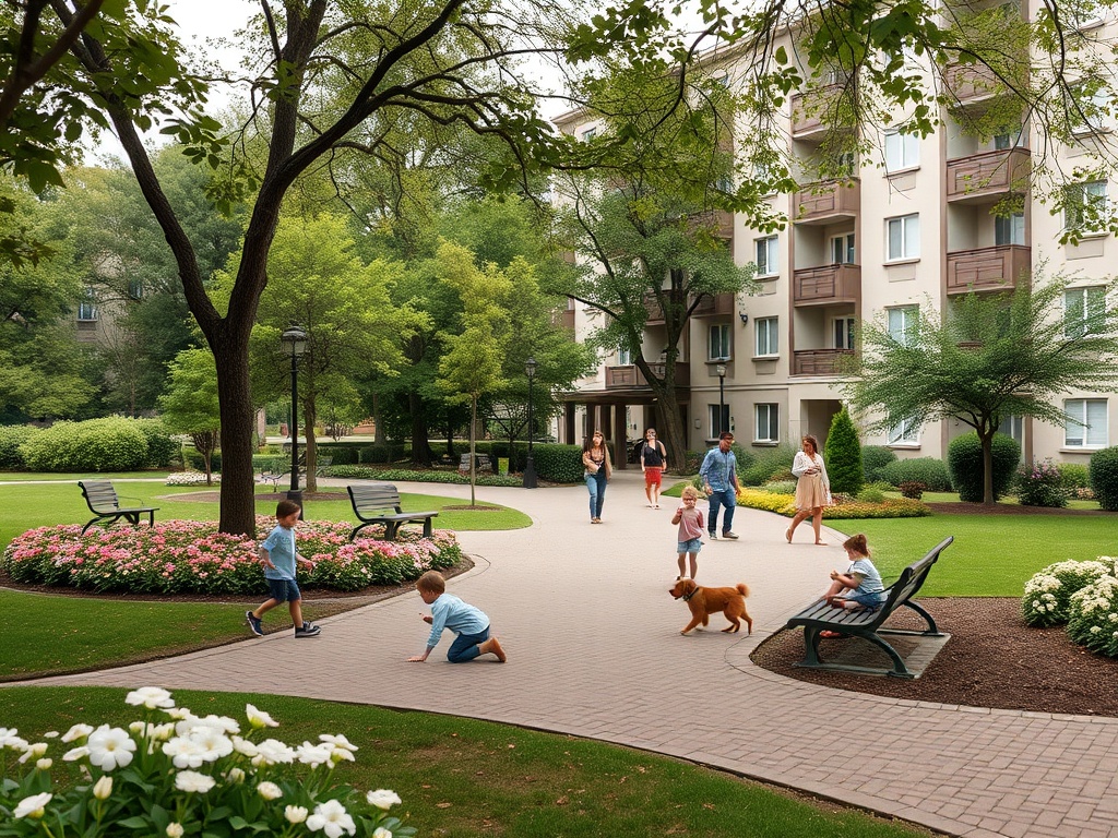 В живописном дворе люди и дети играют, рядом с ними гуляет собака. Зеленые деревья и цветы украшают местность.