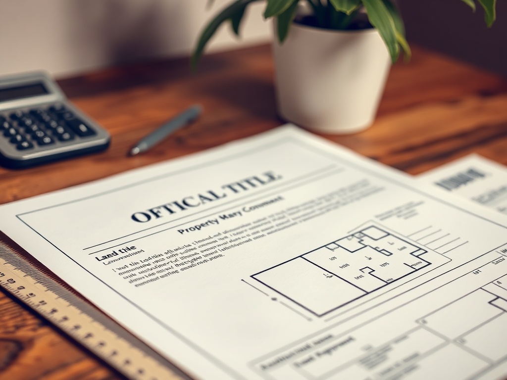 Официальный документ на недвижимость с планом помещения, калькулятор и ручка на деревянном столе.
