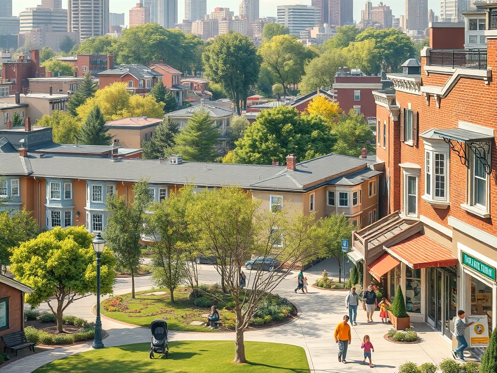 На изображении городская панорама с зелеными насаждениями, домами и людьми, прогуливающимися по улице.