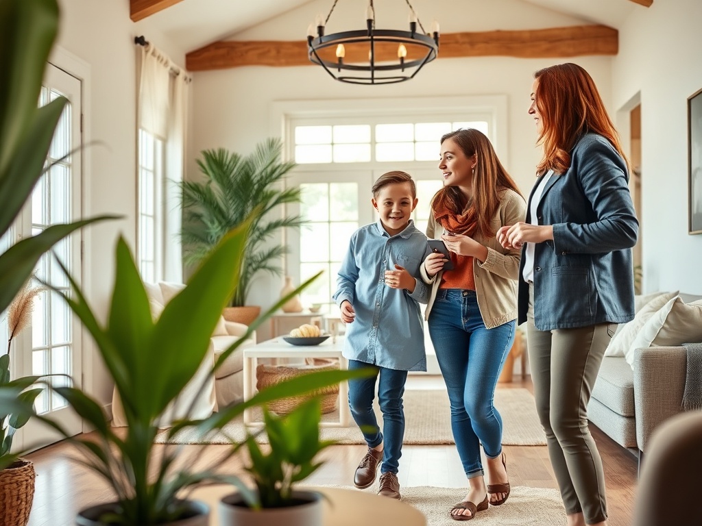 Семья проводит время вместе в светлой комнате, окруженной зелеными растениями и уютной атмосферой.