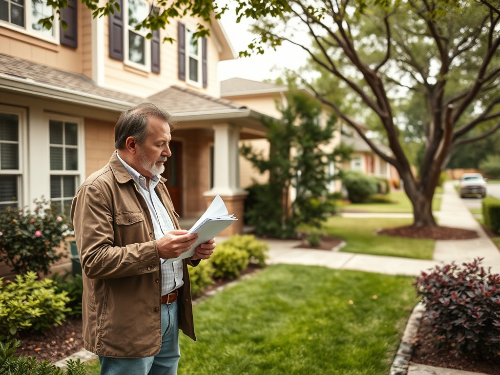 Мужчина читает документы на улице перед домом, окружённым зеленью и деревьями.