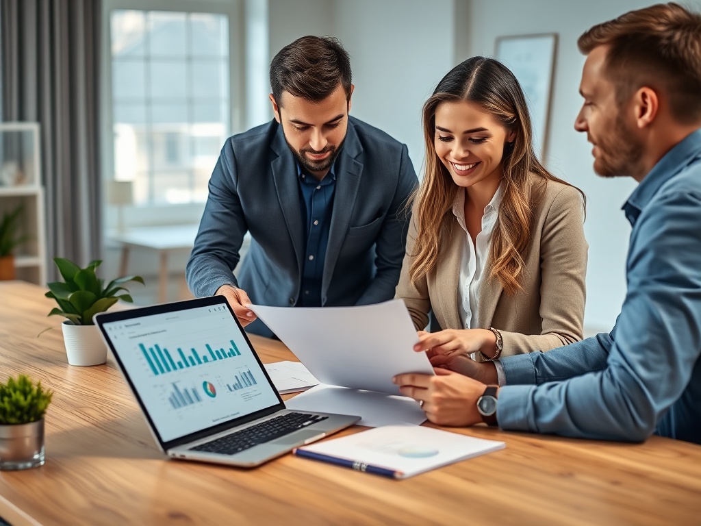Группа профессионалов обсуждает аналитический отчет за столом в офисе, на ноутбуке графики данных.