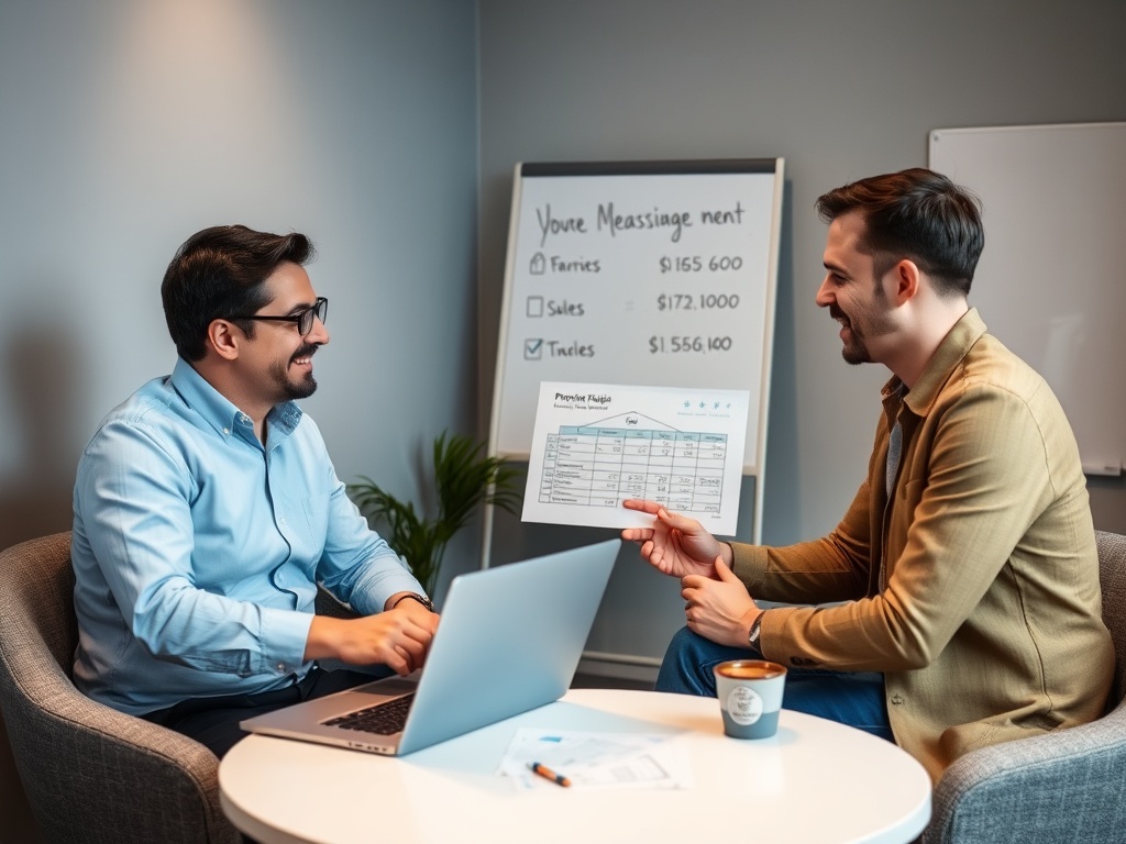 Два человека обсуждают бизнес-проекты за столом с ноутбуком и документами в офисе.