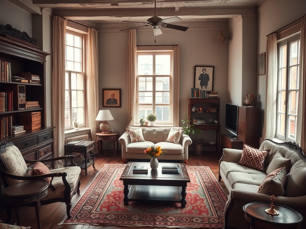 Уютная гостиная с мягкой мебелью, книжными полками и светлыми окнами, оформленная в классическом стиле.