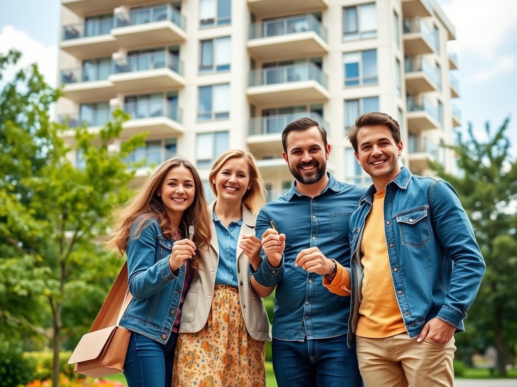 Четыре человека на фоне многоквартирного дома, улыбаются и показывают жест "Круто!" с рук.