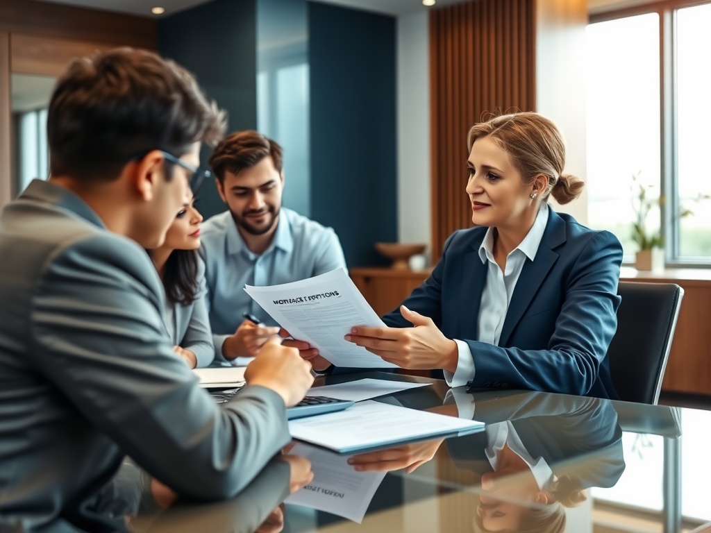 Четыре человека на деловой встрече, обсуждающие документы в современном офисе.