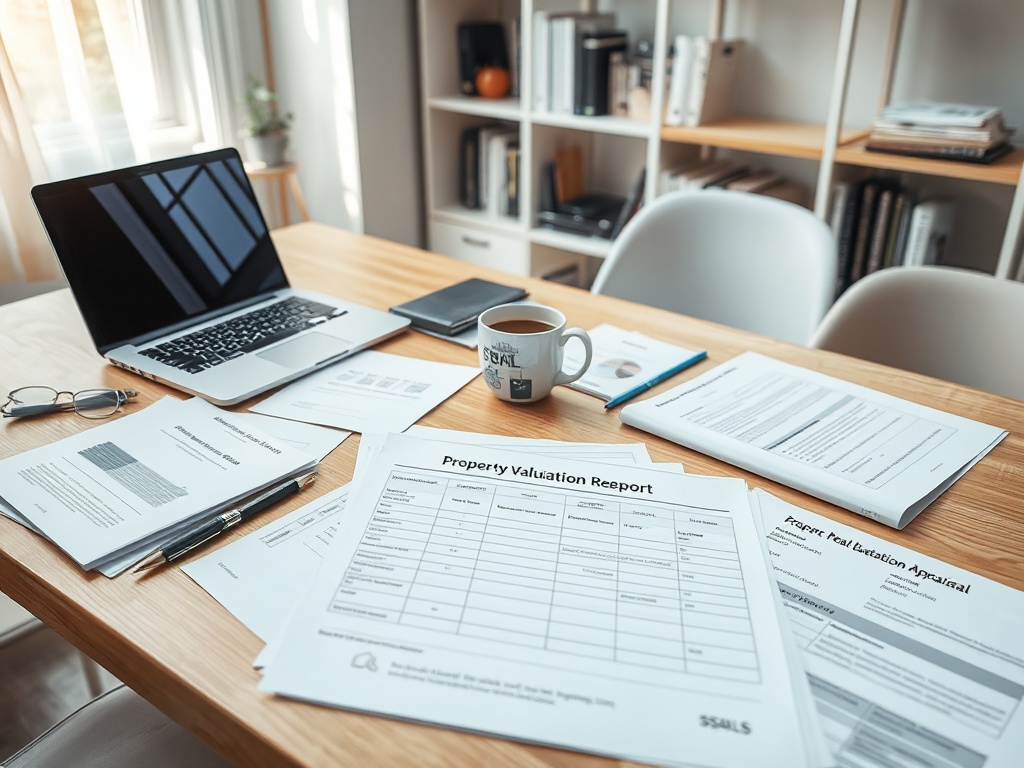 На столе лежат документы, ноутбук и чашка кофе. Рабочая атмосфера для оценки недвижимости.